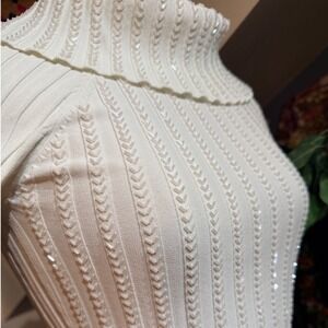 Vintage‎ Y2K Cache White Ribbed Beaded Cowl Neck Sweater Long Sleeve Size S